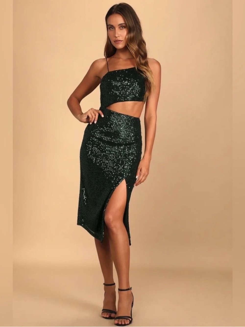 Lulu's Dark Green Sequin Midi Skirt with Side Slit